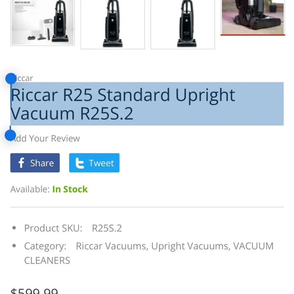 Riccar R25 Standard Upright Vacuum R25S.2